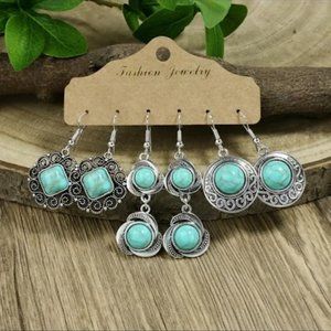 Set of 3 Geometric Silver Pendant Earrings with 925 Silver Hooks